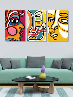 999Store - Colourful Faces Created With Bold Modern Line Art Multi-Panel Wall Art (Pack of 3)