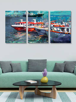 999Store - Red Boats Floating On Vivid Blue Water Multi-Panel Wall Art (Pack of 3)