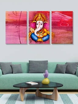 999Store - Lord Ganesha On A Soft Pink Abstract Background Multi-Panel Wall Art (Pack of 3)