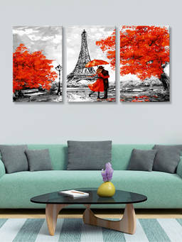 999Store - Eiffel Tower Framed By Vivid Red Autumn Trees Multi-Panel Wall Art (Pack of 3)
