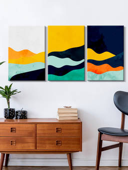 999Store - Colourful Layered Waves In Navy, Yellow, Orange And Multi-Panel Wall Art (Pack of 3)