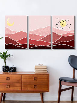 999Store - Layered Mountain Landscape Beneath A Crescent Moon Multi-Panel Wall Art (Pack of 3)