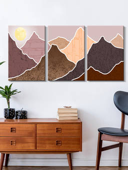 999Store - Neutral Layered Mountain Landscape With A Soft Sun Multi-Panel Wall Art (Pack of 3)