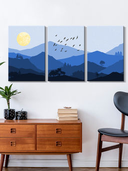999Store - Blue Mountain Landscape With Moonlight And Flying Birds Multi-Panel Wall Art (Pack of 3)