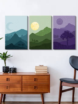 999Store - Teal & Mountain Landscapes Beneath A Pale Moon Multi-Panel Wall Art (Pack of 3)