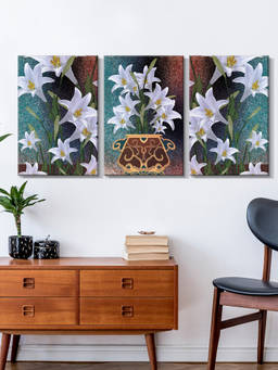 999Store - Lilies & Decorative Foliage On A Dark Botanical Background Multi-Panel Wall Art (Pack of 3)