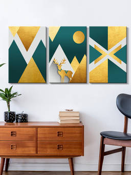 999Store - Geometric Mountains With A Deer And Sun Motifs Multi-Panel Wall Art (Pack of 3)