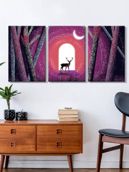 999Store - Deer Standing In A Mystical Forest Under A Moonlit Sky Multi-Panel Wall Art (Pack of 3)