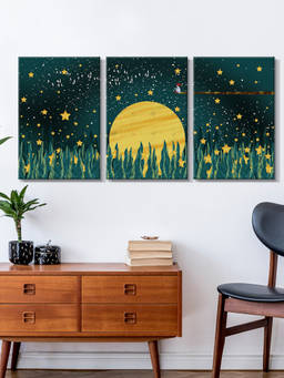 999Store - Moon And Stars Rising Above A Decorative Meadow Multi-Panel Wall Art (Pack of 3)
