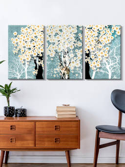 999Store - White Blossom Trees On A Soft Teal Background Multi-Panel Wall Art (Pack of 3)