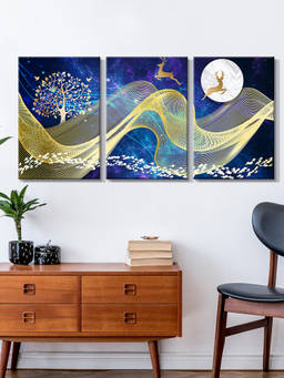 999Store - Blue And Gold Flowing Landscape Beneath A Bright Moon Multi-Panel Wall Art (Pack of 3)