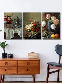 999Store - Vintage Floral Still Life With Bouquets, Fruit And Vases Multi-Panel Wall Art (Pack of 3)