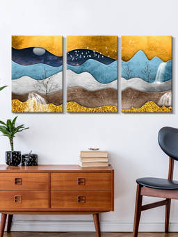 999Store - Layered Blue, Grey And Gold Mountain Forms Multi-Panel Wall Art (Pack of 3)