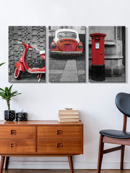 999Store - Red Scooter Classic Car & Post Box In A London-Themed Set Multi-Panel Wall Art (Pack of 3)