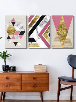999Store - Pink, Black, White And Gold Geometric Composition Multi-Panel Wall Art (Pack of 3)