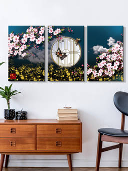 999Store - Clock Surrounded By Cherry Blossoms & Garden Scenery Multi-Panel Wall Art (Pack of 3)