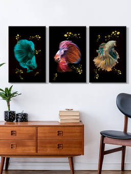999Store - Artistic Betta Fish In Teal & Gold On Multi-Panel Wall Art (Pack of 3)