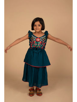 Poochkie - Poppy Embroidered Teal Lehenga and Choli (Set of 2)