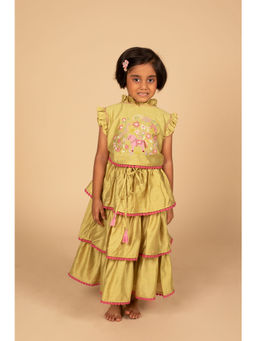 Poochkie - Green Unicorn Embroidered Frilly Lehenga and Choli (Set of 2)