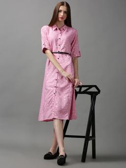 SHOWOFF - Womens Shirt Collar Polka Dots Pink Midi Dress (Set of 2)