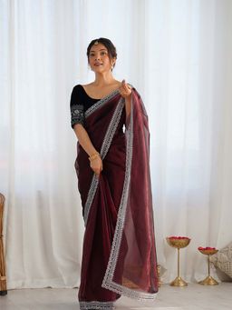 Varanga - Maroon Organza Saree With Unstitched Blouse