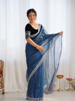 Varanga - Teal Organza Saree With Unstitched Blouse