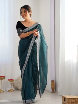 Varanga - Green Organza Saree With Unstitched Blouse