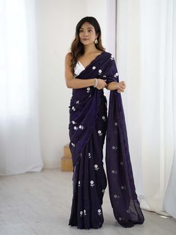 Varanga - Navy Blue Georgette Saree With Unstitched Blouse