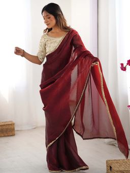 Varanga - Maroon Tissue Saree With Unstitched Blouse
