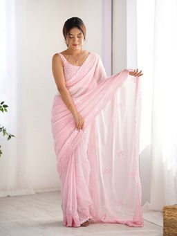 Varanga - Pink Georgette Saree With Unstitched Blouse