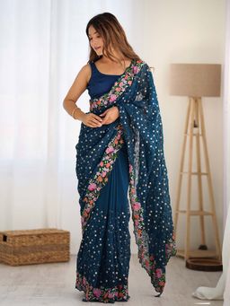 Varanga - Teal Georgette Saree With Unstitched Blouse