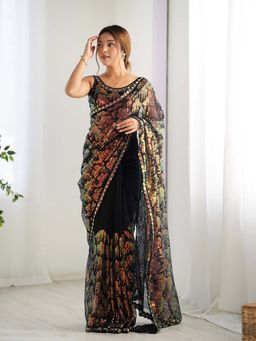 Varanga - Black Net Saree With Unstitched Blouse