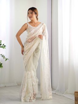 Varanga - White Net Saree With Unstitched Blouse