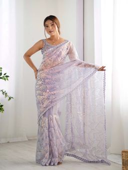 Varanga - Grey Net Saree With Unstitched Blouse