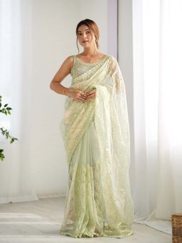Varanga - Lime Green Net Saree With Unstitched Blouse