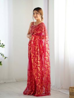 Varanga - Red Net Saree With Unstitched Blouse