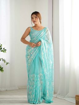 Varanga - Blue Net Saree With Unstitched Blouse