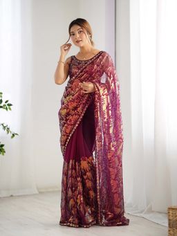 Varanga - Purple Net Saree With Unstitched Blouse