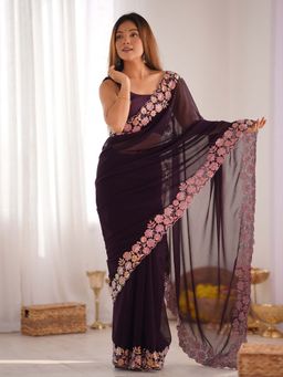 Varanga - Burgundy Georgette Saree With Unstitched Blouse