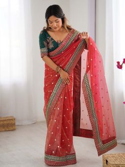 Varanga - Red Organza Saree With Unstitched Blouse