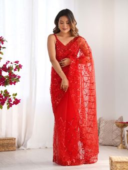 Varanga - Red Net Saree With Unstitched Blouse