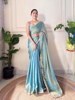 Varanga - Blue Organza Saree With Unstitched Blouse