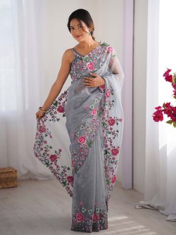 Varanga - Grey Organza Saree With Unstitched Blouse