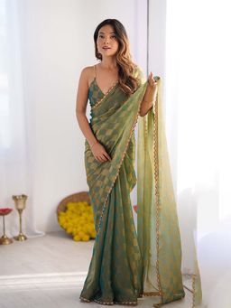 Varanga - Teal Chiffon Saree With Unstitched Blouse