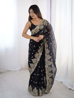 Varanga - Black Net Saree With Unstitched Blouse