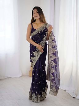 Varanga - Navy Blue Net Saree With Unstitched Blouse