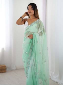 Varanga - Sea Green Chiffon Saree With Unstitched Blouse