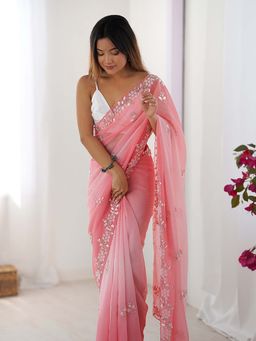 Varanga - Peach Chiffon Saree With Unstitched Blouse
