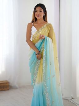Varanga - Yellow Chiffon Saree With Unstitched Blouse
