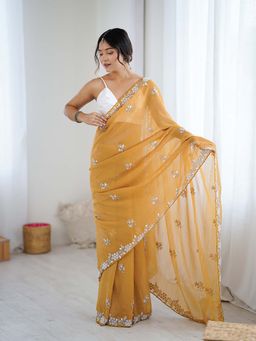 Varanga - Mustard Chiffon Saree With Unstitched Blouse